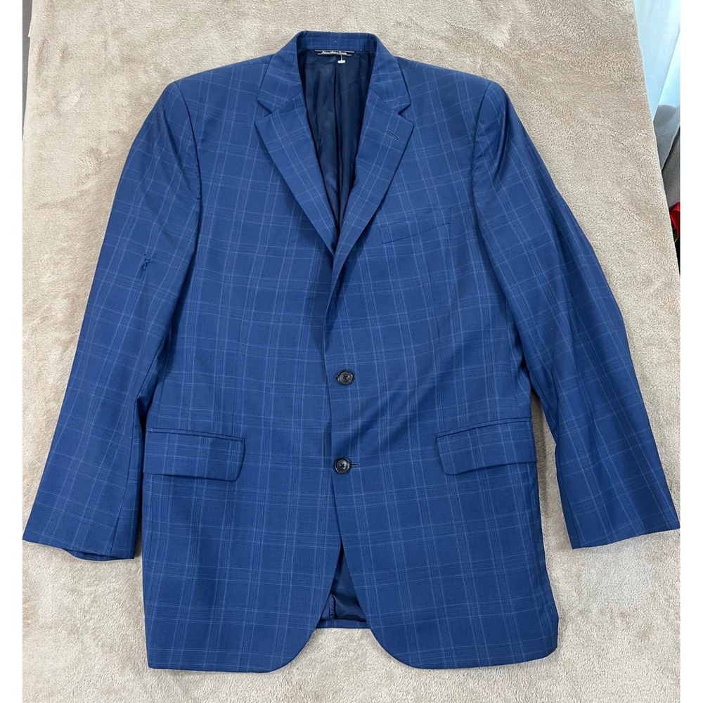 David Donahue Wool Check Blazer Mens 44L Navy Blue Plaid Repair Stitch good/fair